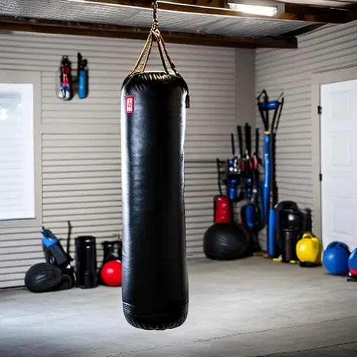 Prompt: punching bag in middle of garage