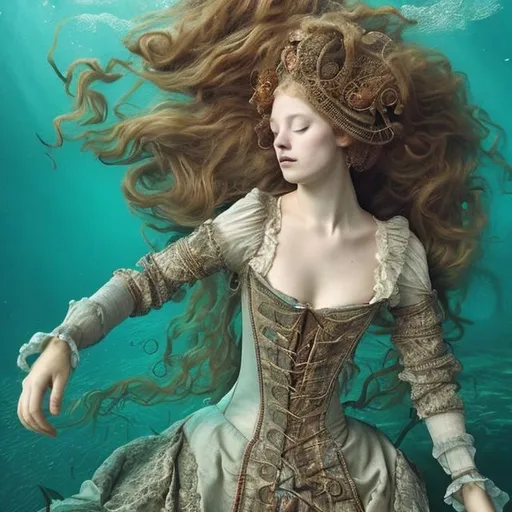 Prompt: woman in 16th century dress underwater sleeping.  hair, elaborate hair, fabric, lace, bubbles.