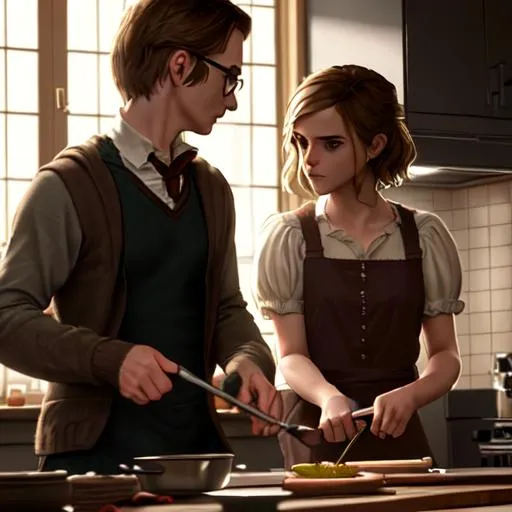 Prompt: (hyperrealistic:1.1), (rutkowski, artstation:0.96), (cinematic, filmic, octane render:0.4), (accurate details:1.1),(best shadow, cinematic light:0.58), (muted colors:1.06), Emma Watson with Harry Potter are cooking in a modern kitchen, full body, with many fashion furniture, designed tables on the ground, has a golden edge window aside the fire, and a christa-themed mural on the ceiling, the floor is decorated with fine black mosaic bricks. Detailed everywhere. 