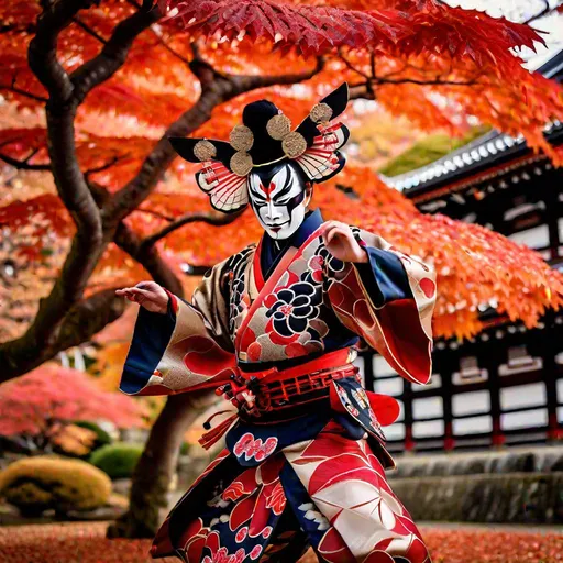 Prompt: photo of a Japanese kabuki man Persona, 歌舞伎, wearing a Shitenno kabuki face mask, intricate majestic Kabuki costume, performing a Kiza stance, Himeji Castle in the background, surrounded the Japanese maple tree with its beautiful red leaves in the fall, intricate details, highly detailed, rotations angle 0°, 8k, photography, Pov, 