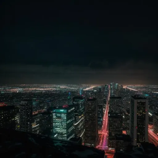Prompt: photography in Elsa Bleda style, taken from the top, night in a big city, crowded buildings illuminated by neon lighting, haze, gloomy mood, a dystopian feeling to the empty streets and snow-covered buildings.