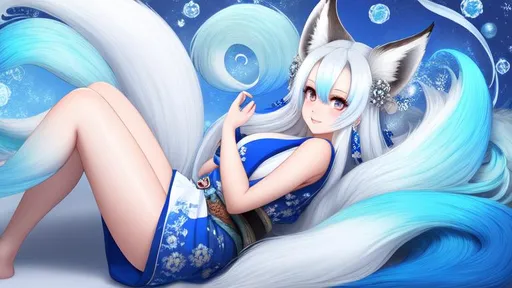 Prompt: ombre blue-white hair, fox girl, ninetails, fox ears, solo, kimono, mole under eye, happy, mole on body, fullbody, ((full body)) {{good looking}} {{cute}} {{good body}} {{tight}}, symmetrically colored hair, {{shadows}},
