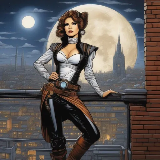 Prompt: comic book style, star wars, a female steampunk artist painting the wall, brick wall as background, Full-body portrait, detailed beautiful eyes, epic full moon in background, urban city, windy with clouds, 8k, dim lighting, by Al Williamson