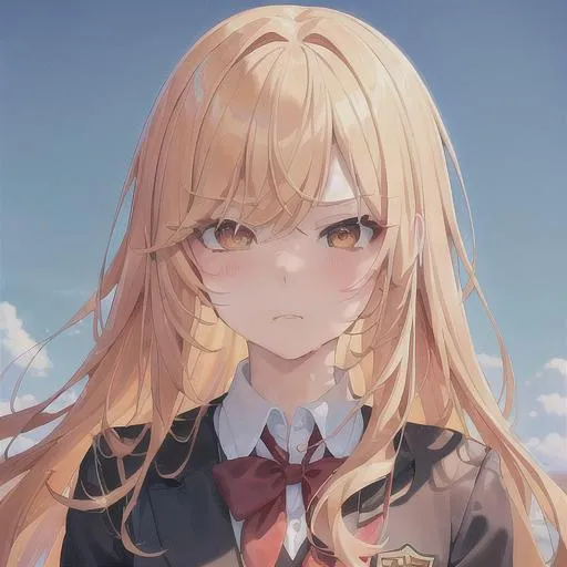 Prompt: (masterpiece, illustration, best quality:1.2), lolli, tsundere, cute, tsundere, frustrated expression, portrait, smooth yellow hair, red eyes, wearing school uniform, best quality face, best quality, best quality skin, best quality eyes, best quality lips, ultra-detailed eyes, ultra-detailed hair, ultra-detailed, illustration, colorful, soft glow, 1 girl, leading into a desk