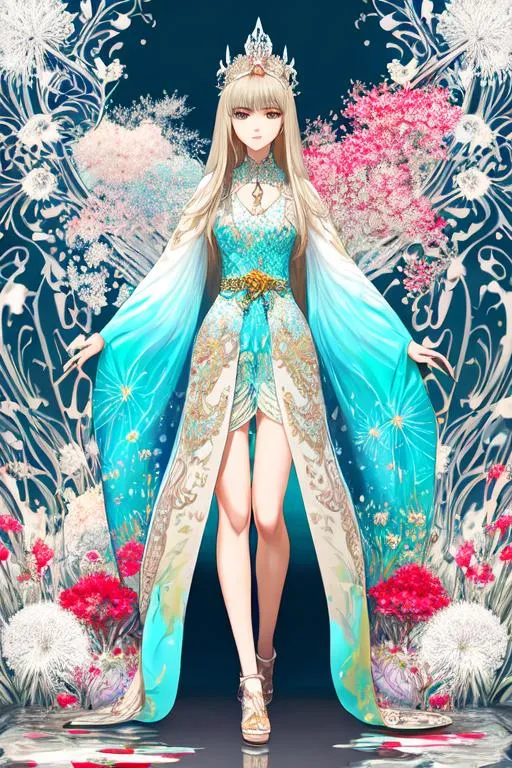 Prompt: full body portrait front view, looking from below,

semi-transparent splash ink painting scenic view brush strokes hyperdetailed intricate elaborate stone garden with dandelion flowers and water symmetrical pastel mix beige and turquoise and red color white pastel contrast graffiti vector background,

masterpiece best quality hyperdetailed ultra realistic pastel mix flat color best shadow 2D 1 anime beautiful tall very skinny girl hopeful, light smile, hyperdetailed flat color long black hair, detailed beautiful sharp cute face, beautiful eyes, beautiful gloss lips, sandals, walking straight, stones grass and water at feet,

pastel cinematic light, pastel dramatic light, back light,

light beige and light turquoise and light red glowing light, light beige and light turquoise and light red glowing sunshine sunshine on face, head light, front light, 

album cover art, clean art, flat color art, 2D illustration art, 2D vector art, digital art, splash art, official art,

colorful palette, 128K resolution, digital painting, colorful ink illustration, hyperdetailed sharp focus, digital illustration, impressionist painting,

middle, centered,