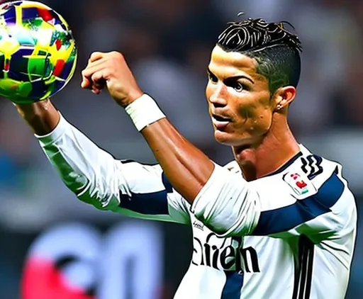 Prompt: Cristiano Ronaldo menendang bola dengan tersenyum 
