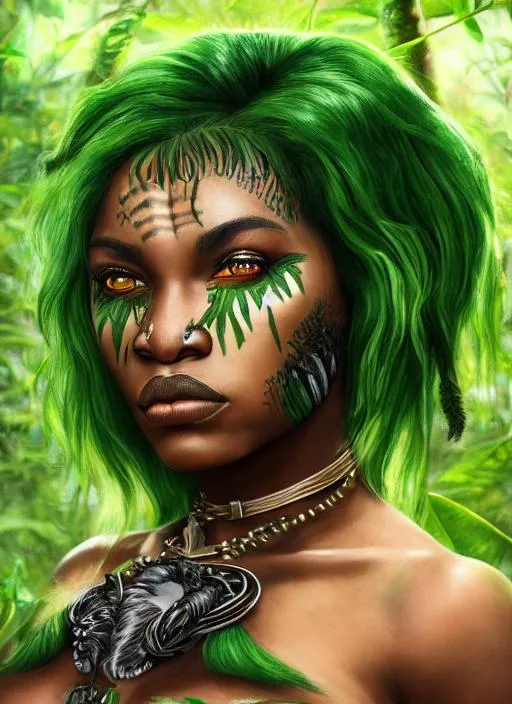 Prompt: Portrait of  a black woman warrior with green hair and brown eyes, {in the jungle}, perfect composition, hyperrealistic, super detailed, 8k, high quality, trending art, trending on artstation, sharp focus, studio photo, intricate details, highly detailed