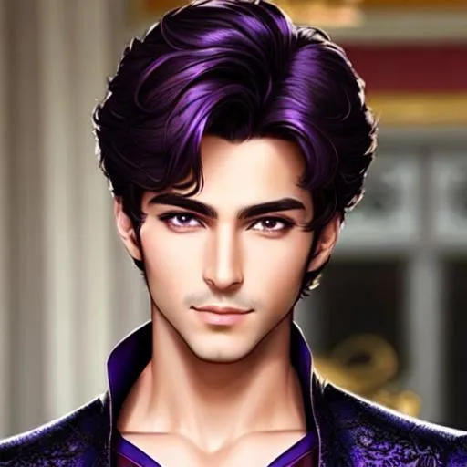 Prompt: A good looking Prince .high quality and detailed face. wearing a dark purple dress has Supernatural powers and using it to conquer the world 