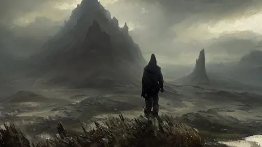 Prompt: fantasy concept art by greg rutkowski, hooded figure in the  foreground looks out over a luminous landscape, phosphorescence, ominous sky, fog, Scotland, rock outcroppings,  gestural oil painting style, backlit, cinematographic morning light, artstation hq, 