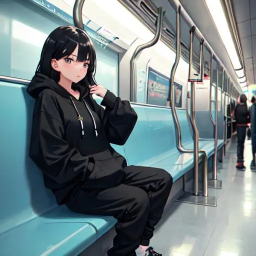 Prompt: girl with black hoodie black hair on the subway, baggy pants, sitting on the metro, cross legged, crossed legs, her hands at her sides, looking into the camera, distant long shot, full body, front view, resting