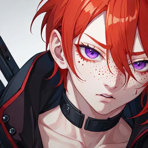 Prompt: Erikku male adult (short ginger hair, freckles, right eye blue left eye purple) UHD, 8K, Highly detailed, insane detail, best quality, high quality, covered in blood, covering his face with his hand, wide eyes, insane, fear, threatening, anime style