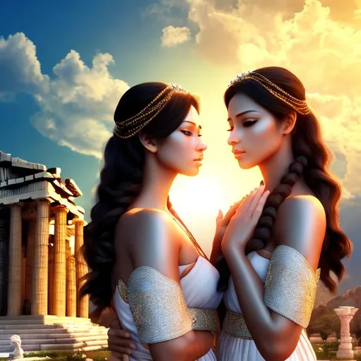 Prompt: HD 4k 3D 8k professional modeling photo hyper realistic beautiful twin maiden women ethereal greek goddesses of prayer
short brown hair brown eyes gorgeous face black skin shiny robes jewelry headbands full body surrounded by magic glorious glow hd landscape background two twin women praying in temple to Zeus