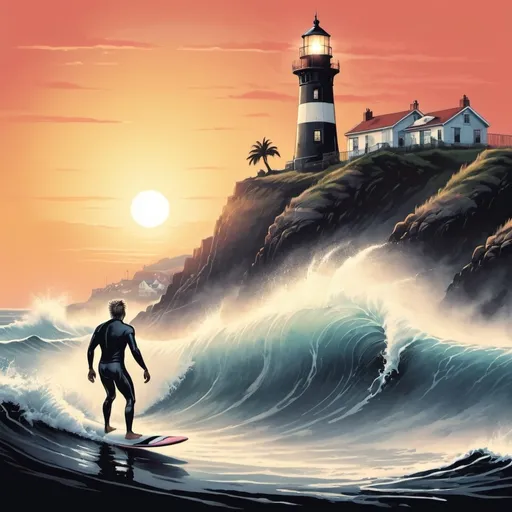 Prompt: Surfer punk surfing a wave at dawn with lighthouse on a cliff in the background.