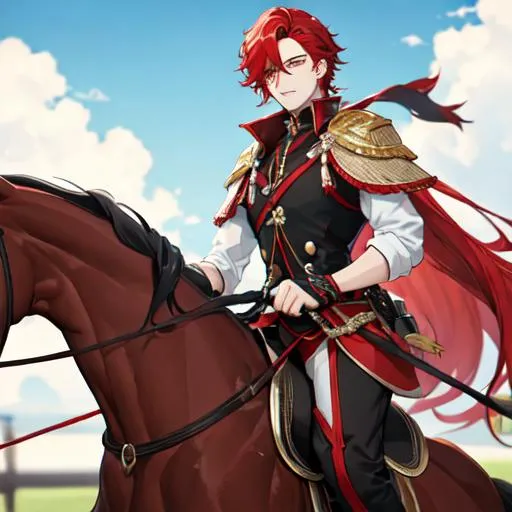 Prompt: Zerif 1male (Red side-swept hair covering his right eye) riding a horse, UHD, extremely detailed