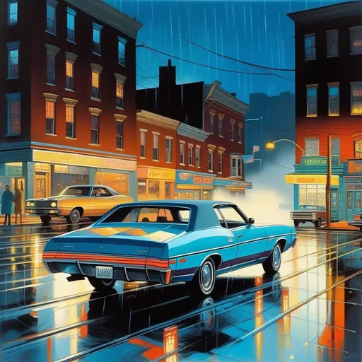 Prompt: 1970s, Baltimore at night, neon, car chase, rain, fog, cold blue atmosphere, cartoony style, extremely detailed painting by Greg Rutkowski and by Henry Justice Ford and by Steve Henderson