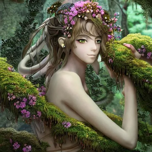 Prompt:  Insanely detailed elaborate beautiful hyper detailed greek god anime female with moss and flowers growing on sides 8k resolution ambient rays flowing from sides