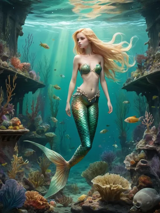 Prompt: A fair-haired mermaid is swimming along the seabed, the gloomy skeleton of a sunken ship is visible at the bottom, algae rises up, the water phosphoresces with a greenish light. Schools of colorful fish swim nearby. style: photorealism