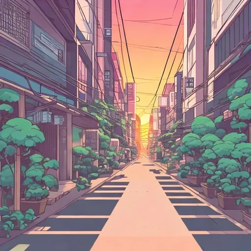 Prompt: sunset on a quiet Tokyo street, lush plants, Steven Universe style, nostalgic, lofi aesthetic 
