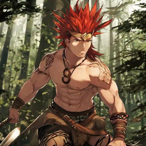 Prompt: male, shirtless, tribal, loincloth, red hair, spiky hair, brown headband, brown iris, forest, tattoo, fullbody, fighting, leather shoes