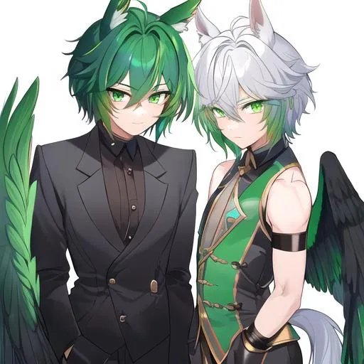 Prompt: Male. Small and masculine build. human animatronic hybrid, with focused emerald eyes. They identify as a Male. Emerald colored feathery pegasus wings and tail. Short dark Green ombre hair. horse ears adult