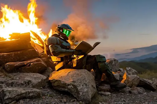 Prompt: Master Chief reading a book whilst sitting at a campfire 