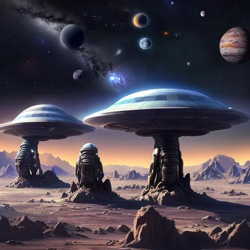 Prompt: A 4 friend on another planet seating near crashed spaceship, , theirs space ship crash on these planet,  they looking in sky, night sky is beautiful, in sky they saw three planets, one in big, 2nd is smaller then 3rd , 