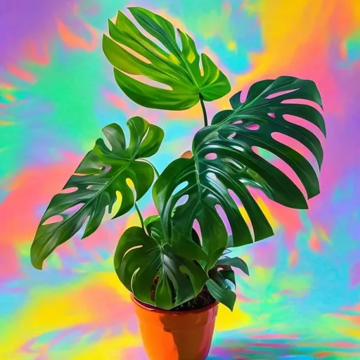 Prompt: Miniature Monstera in a vase in the style of Lisa frank