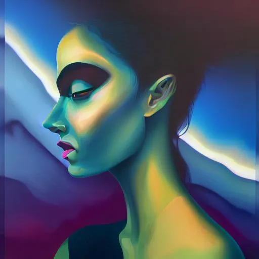 Prompt: Surreal portrait of beautiful female, cosmic landscape background, acrylic on canvas in style of post modernism 