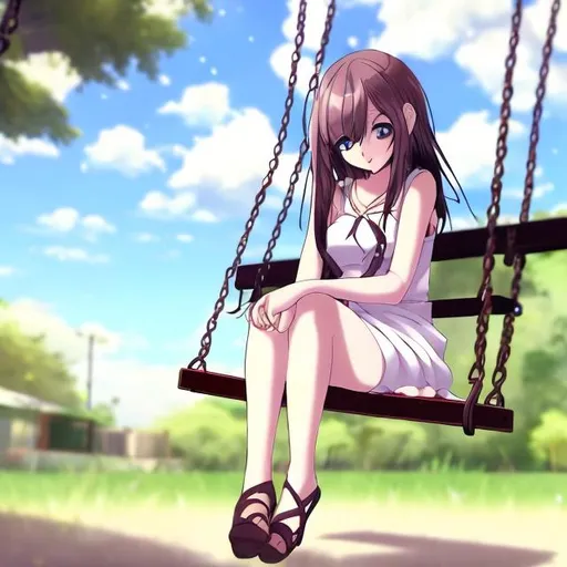 Prompt: a girl on a bench swing anime