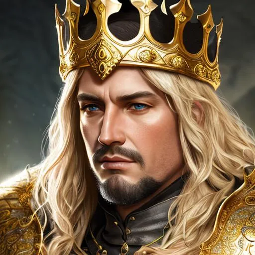 Prompt: medieval, fantasy, UHD, 8k, high quality, cinematic lighting, special effects, hyper realism, high detailed face, Very detailed, portraint of an King wearing a golden armor