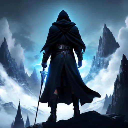 Prompt: Full-body detailed masterpiece, fantasy, high-res, quality upscaled image, perfect composition, subject of this image is a distant cloaked figure staring into distance,  black cloak, athletic body, 18k composition, 16k, 2D image, cell shaded, athletic torso, blue moonlight background, shadowy aura, dnd, magical, hidden face