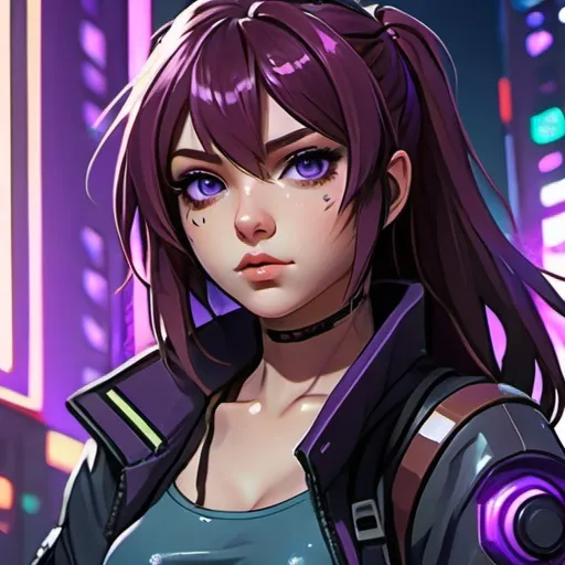 Prompt: Anime illustration of a gamer girl with brown and purple hair, detailed eyes, high-tech gaming gear, intense and focused gaze, cool-toned color palette, futuristic cyberpunk setting, urban landscape with neon lights, best quality, highres, ultra-detailed, anime, cool tones, detailed hair, futuristic, professional, atmospheric lighting