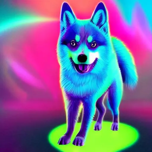 Prompt: Hypnotic illustration of a pomsky dog, standing character, hypnotic, psychedelic art, pop surrealism, dark glow neon paint, mystical, Behance, 4k, 8k, UHD, professional, studio lighting, unreal engine, 