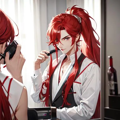 Prompt: Zerif 1male (Red side-swept hair covering his right eye) getting ready for his concert backstage, in the dressing room, UHD, 8K, highly detailed
