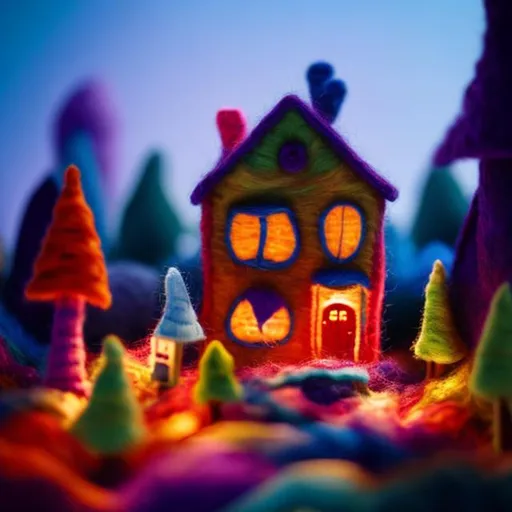 Prompt: Close up image of imaginary toy house made of colorful yarn and felt with romantic lights trees in the background