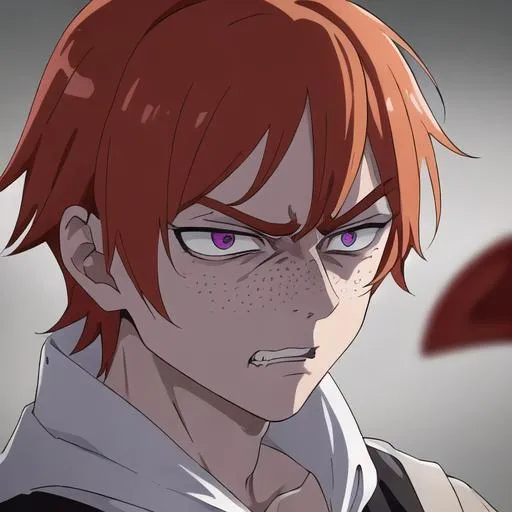 Prompt: Erikku male adult (short ginger hair, freckles, right eye blue left eye purple) UHD, 8K, Highly detailed, insane detail, best quality, high quality, in pain, angry, almond shaped eyes, furrowed brows