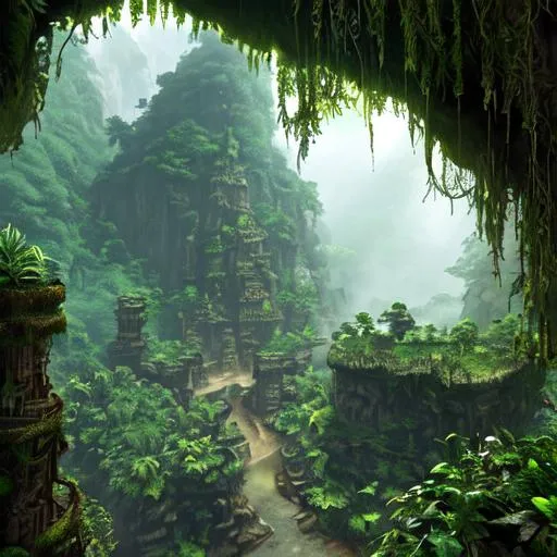 Prompt: Scenary of film Indiana Jones The Temple of Perdition, videogame Spelunky, jungle amazon,
 hyperrealistic, photorealistic, ultra-detailed, intricate details, unreal engine, octane render, bioma of scarped mountain, cavern in the montain   and amazing forest,rocks and gigant green fern, lake , 4k. A vine covered tutor in the style of alexander jansson and gediminas pranckevicius mystical, magical, bloosom, volumetric lighting.