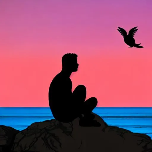 Prompt: Multiple layers of silhouette of man and cat, sitting on rock, looking towards sea, at sunset, birds, clouds, sun rays, reflections 