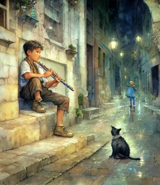 Prompt: A boy playing flute to his cat in a street. By Johan messely and enki Bilal, Jacek yerka. Best quality, highly detailed. Sharp focus. 3d. Dreamy, wet watercolors. Shimmer. Color Iridescent.