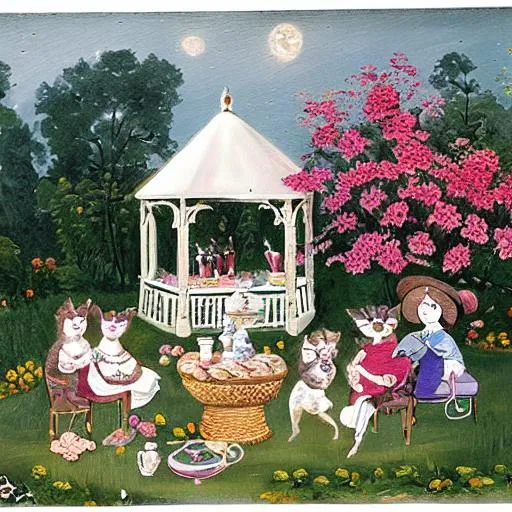 Prompt: a painting of a cottage-core tea party set outside in a flower garden with a white gazebo in the 1800s and the guests are cats 