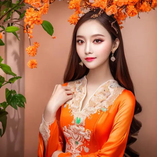 Prompt: Beautiful lady wearing orange and green and white dress, AI, fined features, 8K, fair and glossy skin, big eyes, light makeup, babypink lips