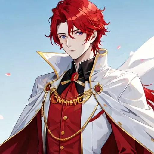 Prompt: Zerif 1male (Red side-swept hair covering his right eye) wearing a royal suit, white cape, 