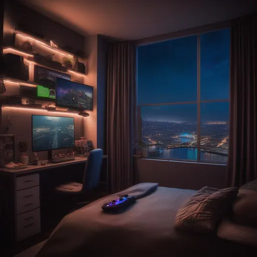 Prompt: Gaming bedroom at night showing the city