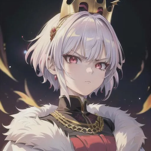 Prompt: 90s anime style, detailed, intricate face, detailed eyes, gentle tones, 90s tones, 1girl, beautiful girl, princess like, wolfcut, short white hair, glowing red eyes., wearing black fur robe, small golden crown on top, extremely serious face expression