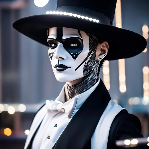 Prompt: a close up of a person wearing a costume, skinny male magician, clockwork mechanical, black on white line art, westworld style, image on the store website, painted face, silver skin, security agent, stylised, desert circus, without text, antasy character, gatekeeper