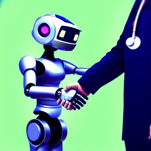Prompt: A robot shaking a doctor's hand (realism art)