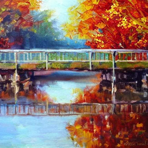 Prompt: oil painting park bridge autumn impressionism