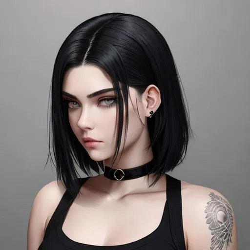 Prompt: edgy. insanely beautiful 16 year old girl. short wavy black hair with light grey undercut.  wearing an edgy black top and black jeans. perfect grey eyes. perfect anatomy. symmetrically perfect face. hyper realistic. heavenly beauty. award winning beauty.