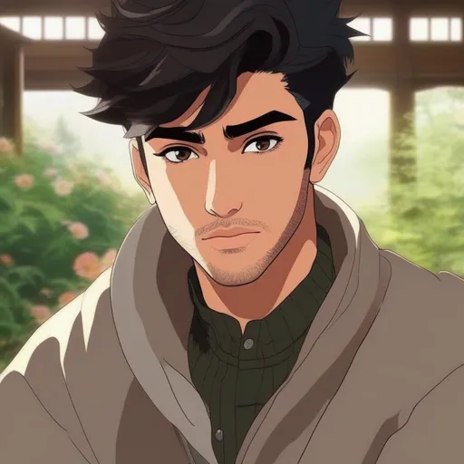 Prompt: ghibli movie character based off of zayn malik in 2014, consistent lighting and mood throughout