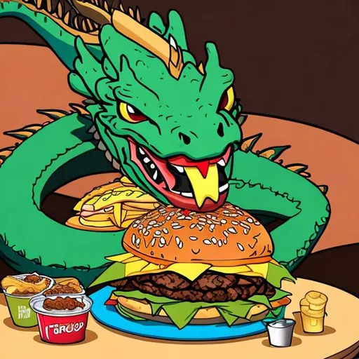 Prompt: Dragon eating burger